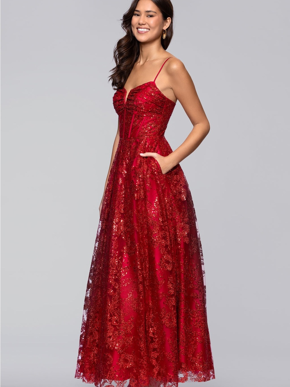 NWT Blondie Nites LORY Dress Red Lace Sequin Prom Gown with Spaghetti Straps